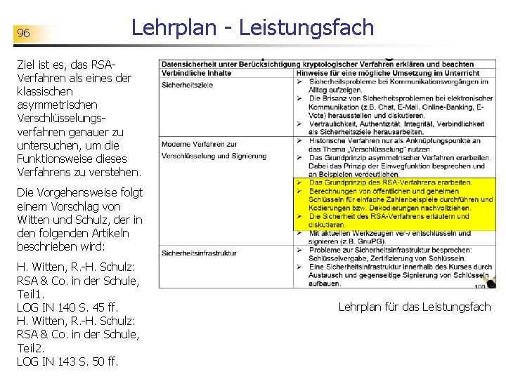 96 Lehrplan - Leistungsfach Ziel ist es, das RSAVerfahren als eines der klassischen asymmetrischen
