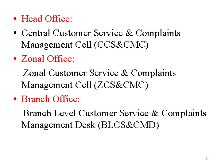 • Head Office: • Central Customer Service & Complaints Management Cell (CCS&CMC) • • Head Office: • Central Customer Service & Complaints Management Cell (CCS&CMC) •