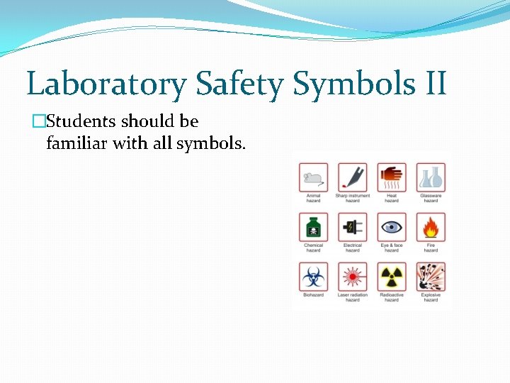 Laboratory Safety Symbols II �Students should be familiar with all symbols. 