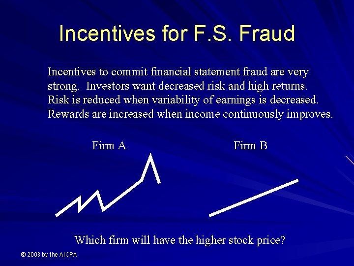 Incentives for F. S. Fraud Incentives to commit financial statement fraud are very strong.
