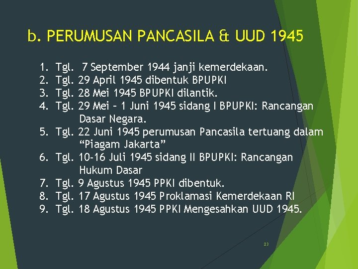 b. PERUMUSAN PANCASILA & UUD 1945 1. 2. 3. 4. Tgl. 5. Tgl. 6.