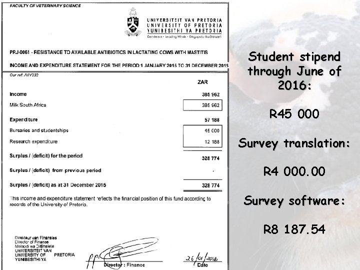 Student stipend through June of 2016: R 45 000 Survey translation: R 4 000.