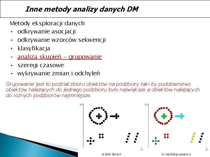 Inne metody analizy danych DM Metody eksploracji danych • odkrywanie asocjacji • odkrywanie wzorców