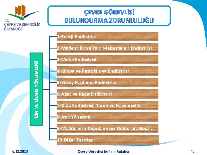 ÇEVRE GÖREVLİSİ BULUNDURMA ZORUNLULUĞU 1 -Enerji Endüstrisi İZİN VE LİSANS YÖNETMELİĞİ 2 -Madencilik ve