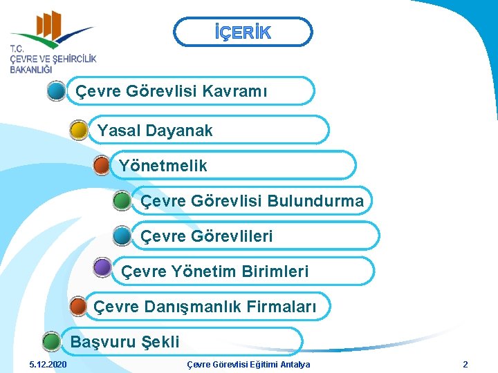 İÇERİK Çevre Görevlisi Kavramı Yasal Dayanak Yönetmelik Çevre Görevlisi Bulundurma Çevre Görevlileri Çevre Yönetim