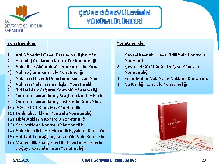 ÇEVRE GÖREVLİLERİNİN YÜKÜMLÜLÜKLERİ Yönetmelikler 1) Atık Yönetimi Genel Esaslarına İlişkin Yön. 2) Ambalaj Atıklarının