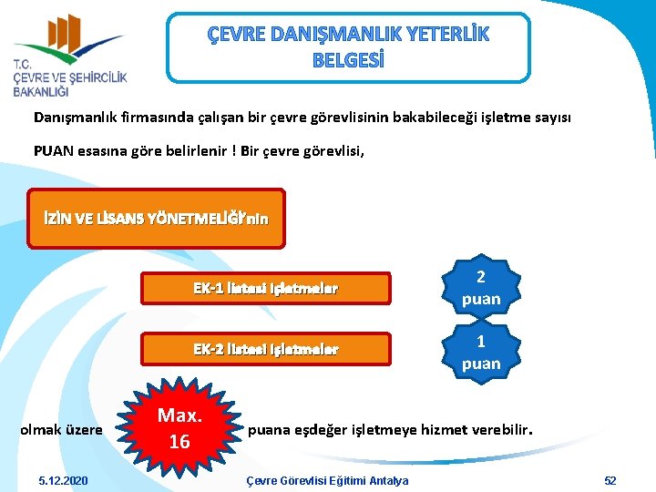 ÇEVRE DANIŞMANLIK YETERLİK BELGESİ Danışmanlık firmasında çalışan bir çevre görevlisinin bakabileceği işletme sayısı PUAN