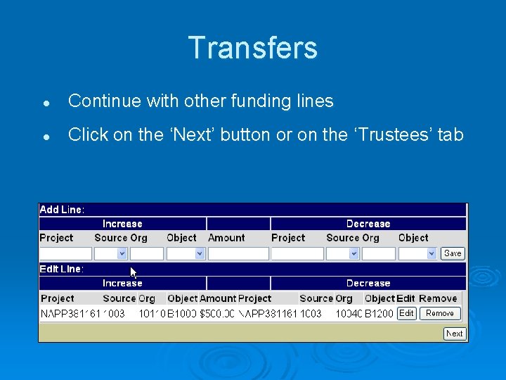 Transfers l Continue with other funding lines l Click on the ‘Next’ button or