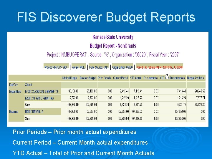 FIS Discoverer Budget Reports Prior Periods – Prior month actual expenditures Current Period –