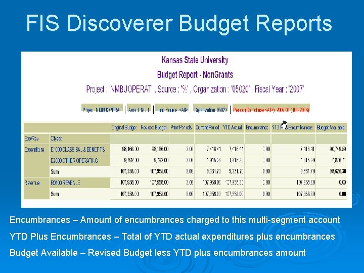 FIS Discoverer Budget Reports Encumbrances – Amount of encumbrances charged to this multi-segment account