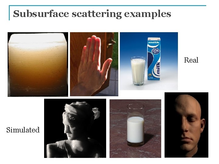 Subsurface scattering examples Real Simulated 