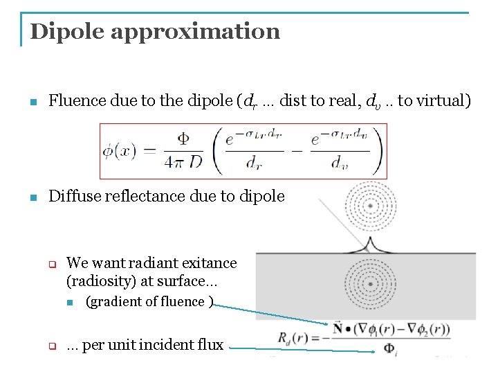 Dipole approximation n Fluence due to the dipole (dr … dist to real, dv.