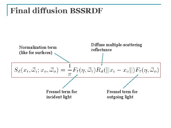 Final diffusion BSSRDF Normalization term (like for surfaces) Fresnel term for incident light Diffuse