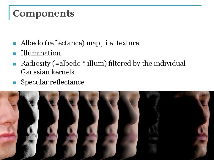 Components n n Albedo (reflectance) map, i. e. texture Illumination Radiosity (=albedo * illum)