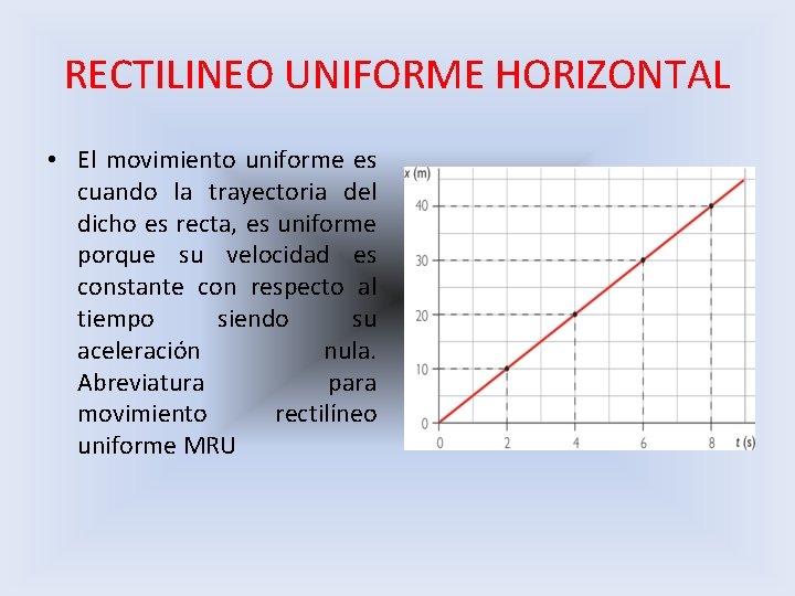 RECTILINEO UNIFORME HORIZONTAL • El movimiento uniforme es cuando la trayectoria del dicho es