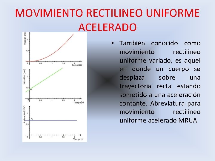 MOVIMIENTO RECTILINEO UNIFORME ACELERADO • También conocido como movimiento rectilíneo uniforme variado, es aquel