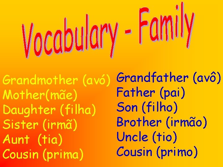 Grandmother (avó) Mother(mãe) Daughter (filha) Sister (irmã) Aunt (tia) Cousin (prima) Grandfather (avô) Father