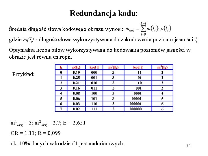 Redundancja kodu: Średnia długość słowa kodowego obrazu wynosi: gdzie m(Ii) - długość słowa wykorzystywana