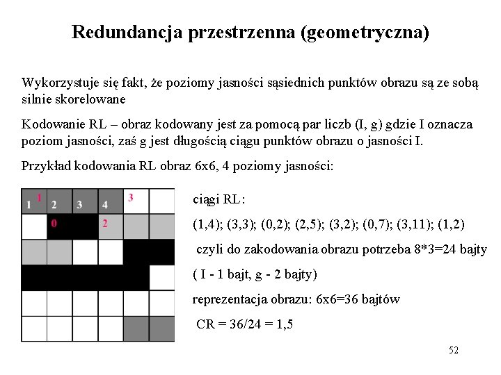 Redundancja przestrzenna (geometryczna) Wykorzystuje się fakt, że poziomy jasności sąsiednich punktów obrazu są ze