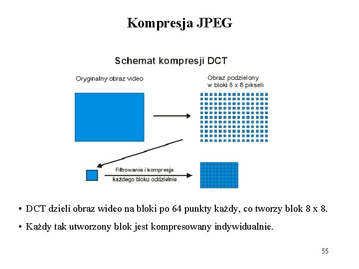 Kompresja JPEG • DCT dzieli obraz wideo na bloki po 64 punkty każdy, co