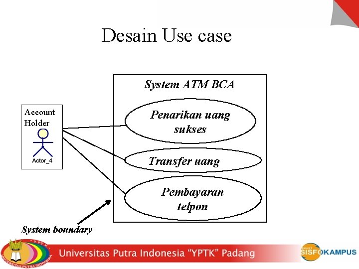 Desain Use case System ATM BCA Account Holder Penarikan uang sukses Transfer uang Pembayaran