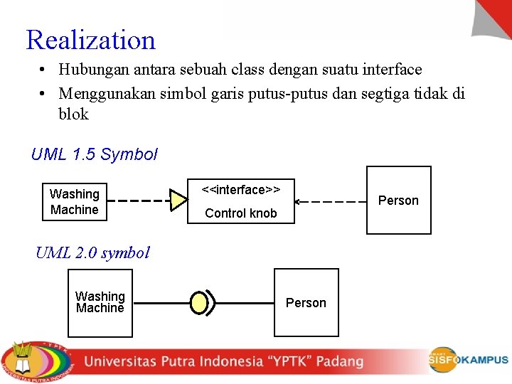 Realization • Hubungan antara sebuah class dengan suatu interface • Menggunakan simbol garis putus-putus