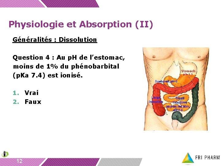 Physiologie et Absorption (II) Généralités : Dissolution Question 4 : Au p. H de