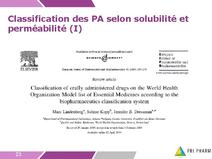 Classification des PA selon solubilité et perméabilité (I) 23 