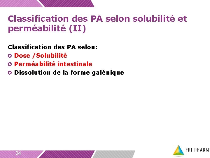 Classification des PA selon solubilité et perméabilité (II) Classification des PA selon: Dose /Solubilité