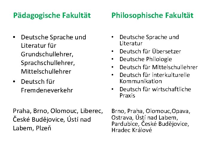 Pädagogische Fakultät Philosophische Fakultät • Deutsche Sprache und Literatur für Grundschullehrer, Sprachschullehrer, Mittelschullehrer •