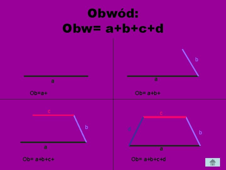 Obwód: Obw= a+b+c+d b a a Ob=a+ Ob= a+b+ c c b a Ob=