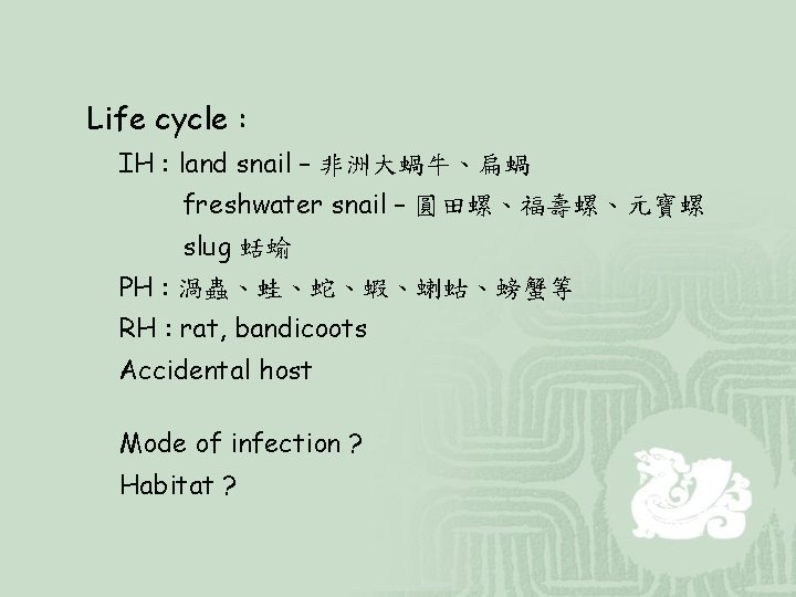 Life cycle : IH : land snail – 非洲大蝸牛、扁蝸 freshwater snail – 圓田螺、福壽螺、元寶螺 slug