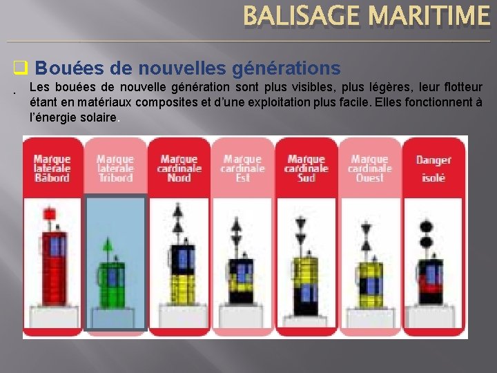 BALISAGE MARITIME ____________________________________________________________________________ q Bouées de nouvelles générations. Les bouées de nouvelle génération sont