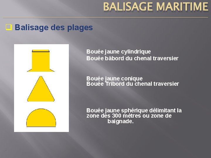 BALISAGE MARITIME ____________________________________________________________________________ q Balisage des plages Bouée jaune cylindrique Bouée bâbord du chenal