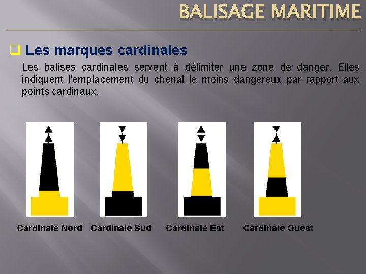 BALISAGE MARITIME ____________________________________________________________________________ q Les marques cardinales Les balises cardinales servent à délimiter une