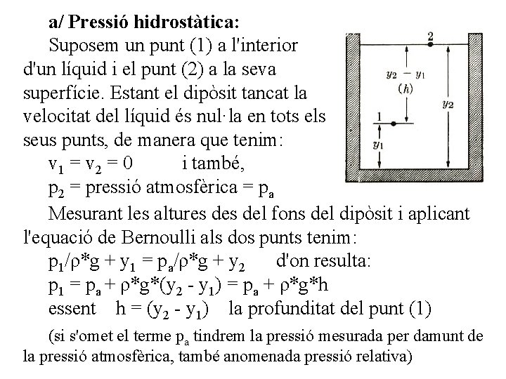 a/ Pressió hidrostàtica: Suposem un punt (1) a l'interior d'un líquid i el punt