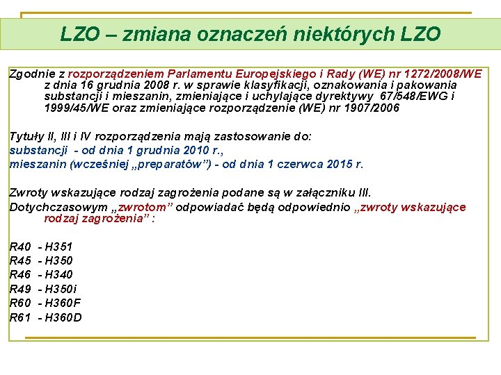 LZO – zmiana oznaczeń niektórych LZO Zgodnie z rozporządzeniem Parlamentu Europejskiego i Rady (WE)