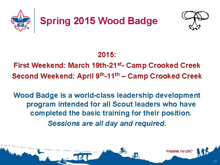 Spring 2015 Wood Badge 2015: First Weekend: March 19 th-21 st- Camp Crooked Creek