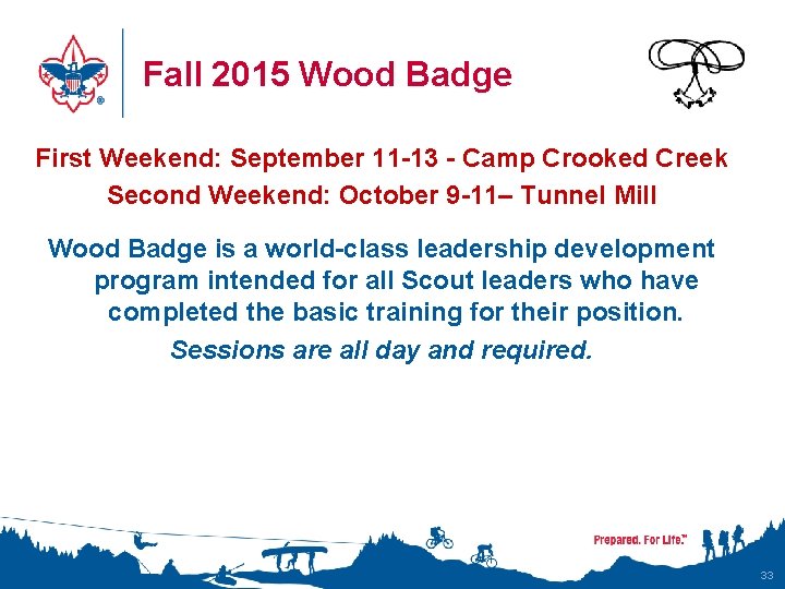 Fall 2015 Wood Badge First Weekend: September 11 -13 - Camp Crooked Creek Second