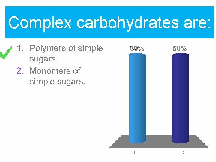 Complex carbohydrates are: 1. Polymers of simple sugars. 2. Monomers of simple sugars. 