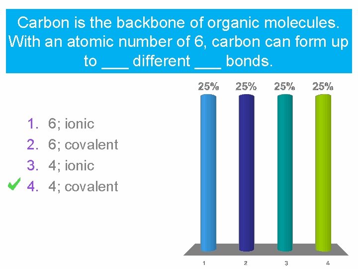 Carbon is the backbone of organic molecules. With an atomic number of 6, carbon