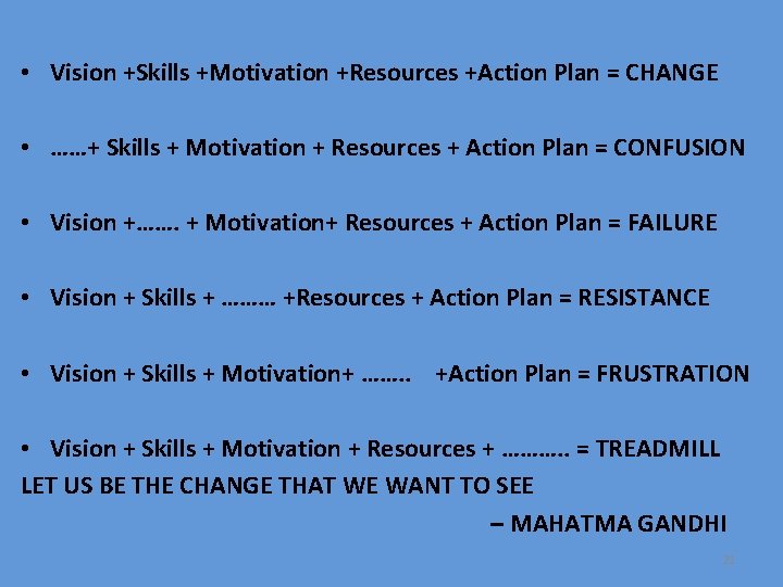  • Vision +Skills +Motivation +Resources +Action Plan = CHANGE • ……+ Skills +