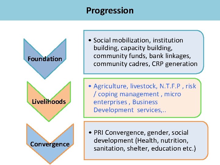 Progression Foundation Livelihoods Convergence • Social mobilization, institution building, capacity building, community funds, bank