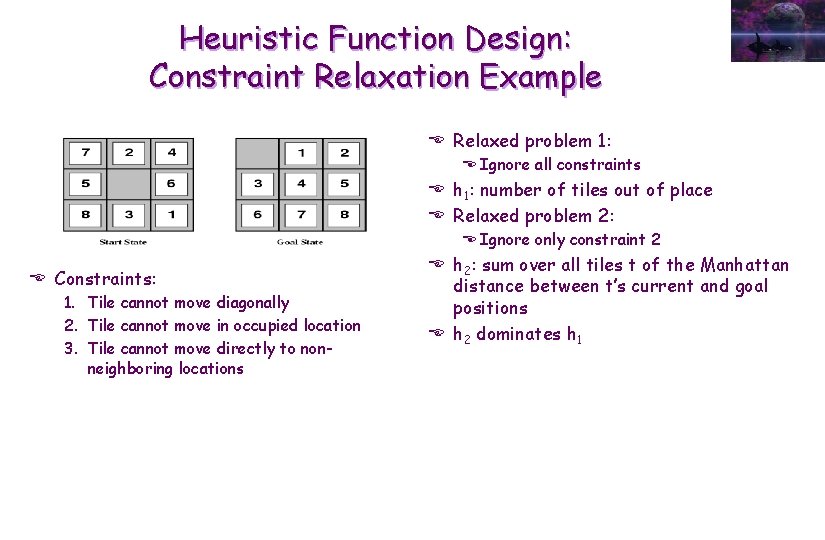 Heuristic Function Design: Constraint Relaxation Example E Relaxed problem 1: E Ignore all constraints
