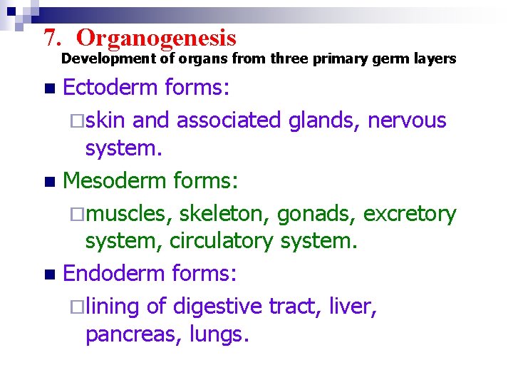 7. Organogenesis Development of organs from three primary germ layers Ectoderm forms: ¨skin and