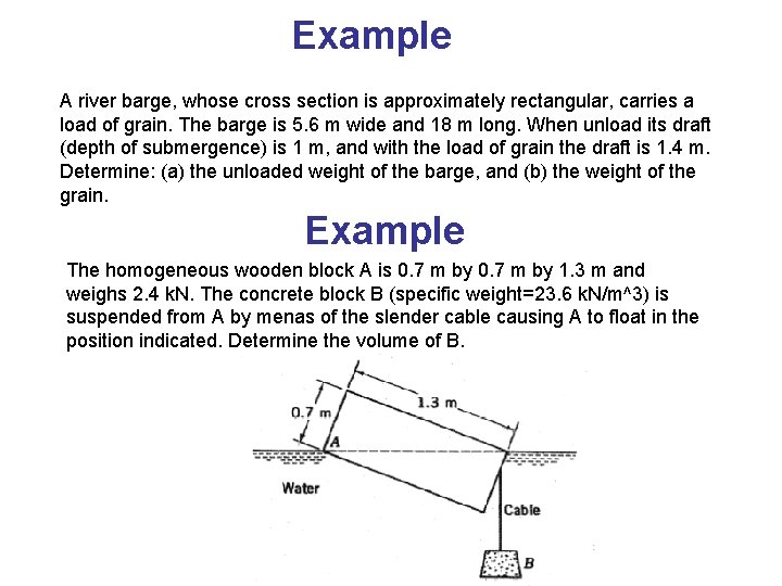 Example A river barge, whose cross section is approximately rectangular, carries a load of