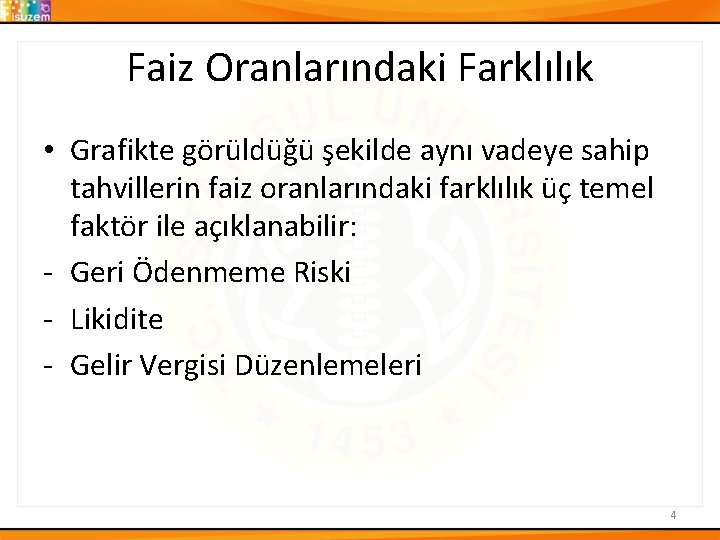 Faiz Oranlarındaki Farklılık • Grafikte görüldüğü şekilde aynı vadeye sahip tahvillerin faiz oranlarındaki farklılık