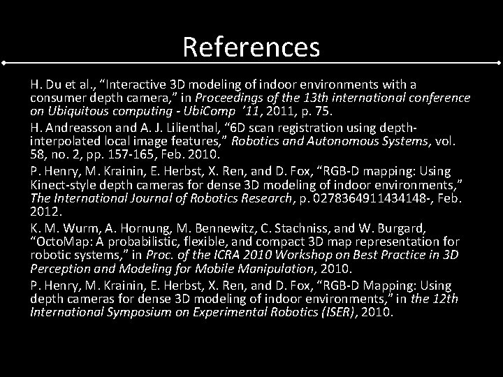 References H. Du et al. , “Interactive 3 D modeling of indoor environments with