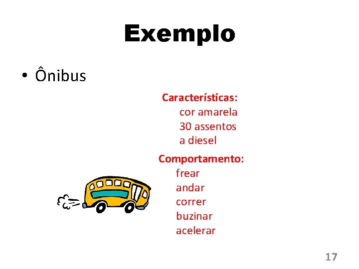 Exemplo • Ônibus Características: cor amarela 30 assentos a diesel Comportamento: frear andar correr