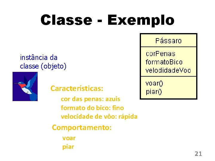 Classe - Exemplo classe instância da classe (objeto) Características: cor das penas: azuis formato